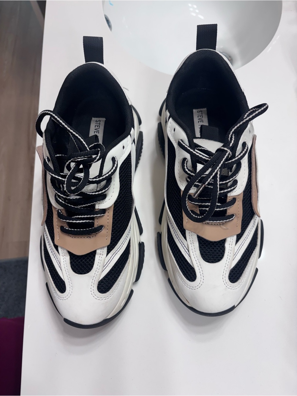 Steve Madden Chunky Lace-Up Sneakers in White, Black & Tan